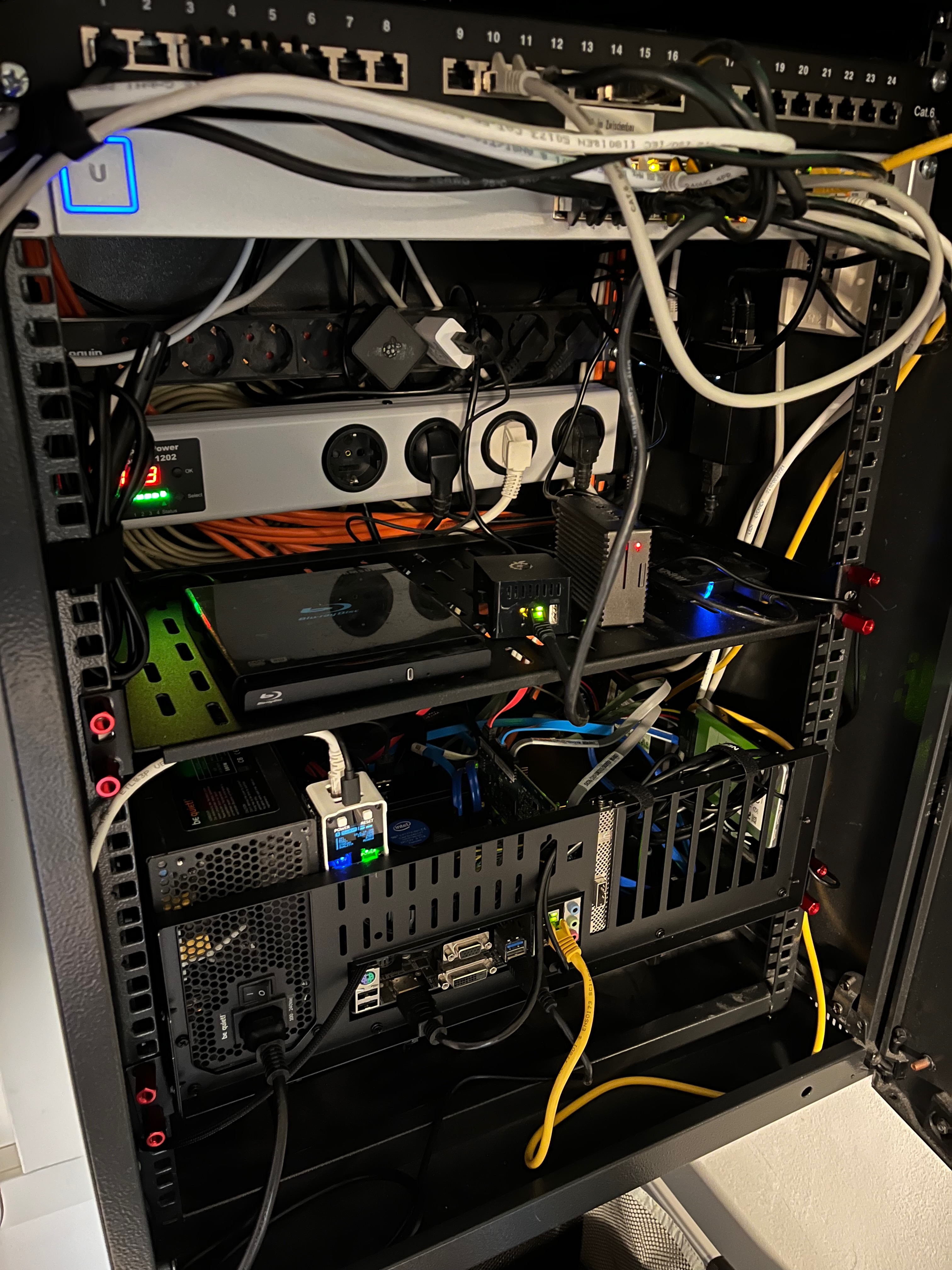 Network rack showing UniFi Switch, Raspberry Pi, NAS in test bench, and somewhat organized cables